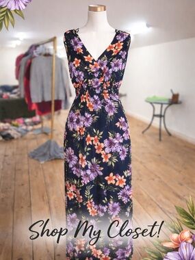 Floral Navy Maxi Dress Boho Summer Sleeveless V Neck Alyx Size Medium